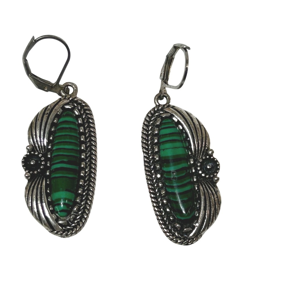 Sterling Silver Malachite Striped Stone Southwestern Leverback Earrings 925